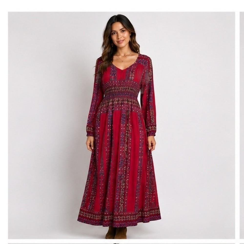 UMGEE USA Red Floral‎ Smocked Waist Maxi Dress Women's Medium